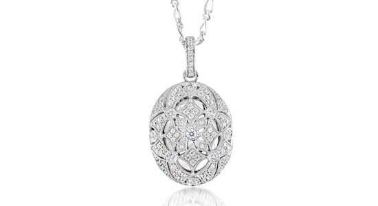 a white gold locket pendant necklace with diamond accents