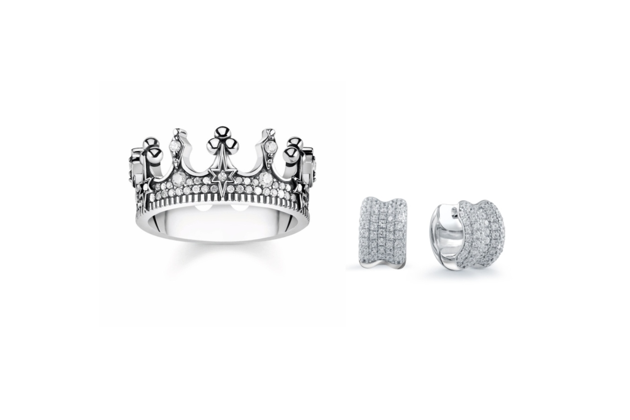 Diamond huggie earrings by Miss Mimi and a Thomas Sabo Rings