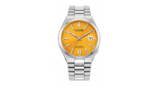 a stainless steel watch with a bright yellow/orange dial