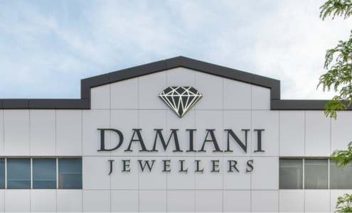 A wide view of the signage on Damiani Jewellers’ storefront.