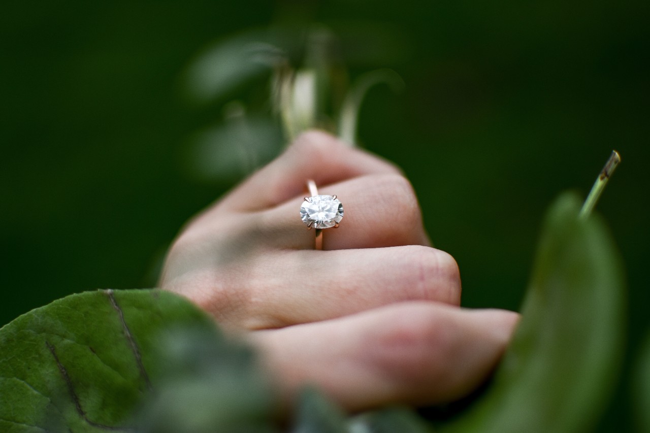 A hand surrounded in greenery, wearing an oval cut engagement ring